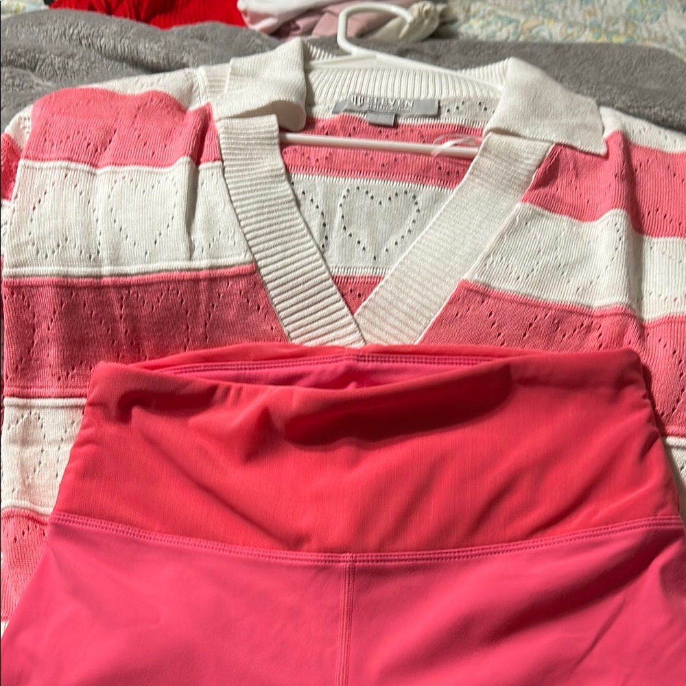 EleVen by Venus Williams Pink and White V-Neck Sweater